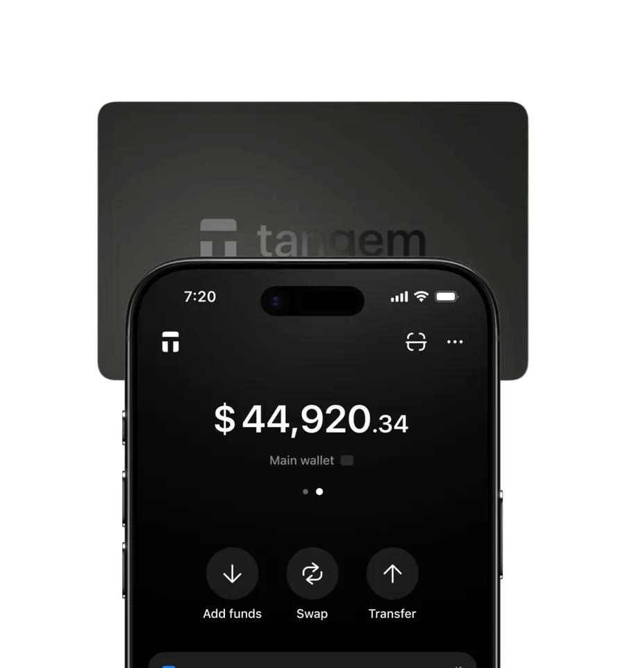 Tangem card tapped against the Tangem app